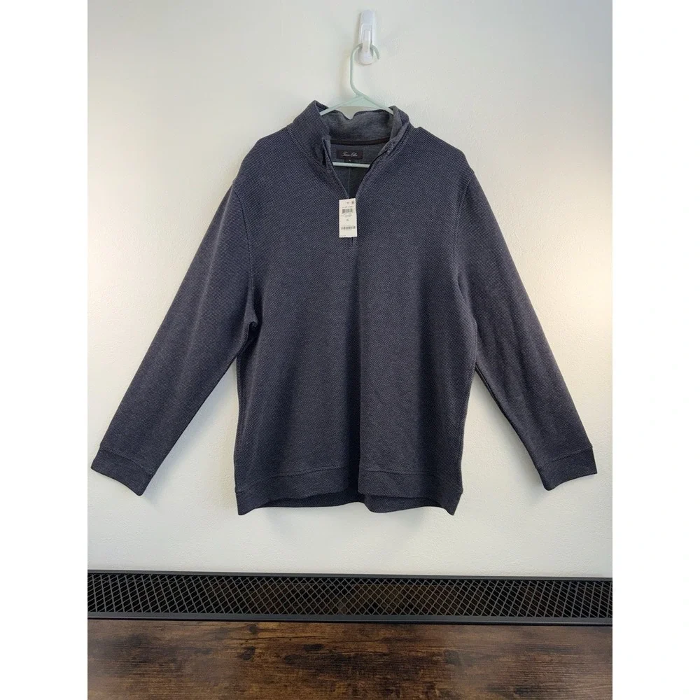 Tasso Elba XL 1/4 Zip Pullover Sweater Navy Textured Knit Cotton Blend‎ Mens
